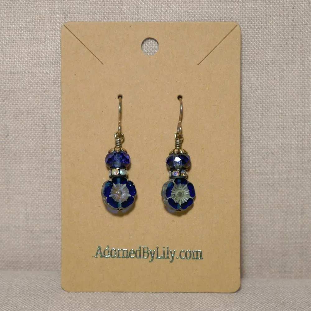 Hand Crafted Handmade Earrings Vintage Style Cobalt Blue Flower Earrings - Picture 2 of 4